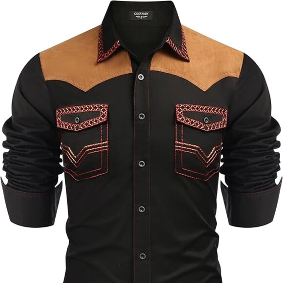 Men's Black Western Cowboy Shirt Embroidered Long Sleeve Slim Fit Casual Cotton - Picture 3 of 4